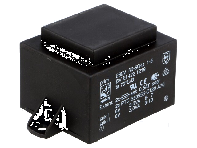 Transformator: ingegoten; 6VA; 230VAC; 6V; 6V; 500mA; 500mA; PCB Transformator: ingegoten; 6VA; 230VAC; 6V; 6V; 500mA; 500mA; PCB